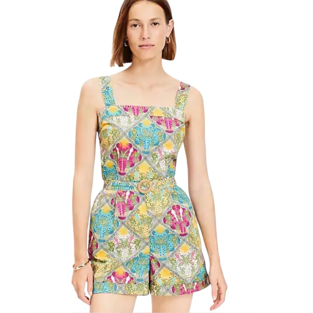 LOFT Palm Belted Strappy Romper Size 8 Square Neckline Sleeveless Colorful